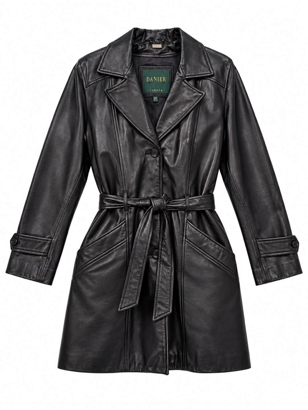 Danier Vintage Black Genuine Leather Belted Trench Removable Thermolite Liner